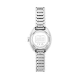 The back view of a Coach women's watch with a silver stainless steel case and link bracelet, shown on a plain white background.