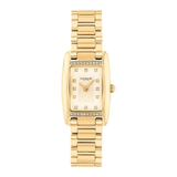 A gold-tone Coach women's watch with a rectangular bezel, diamond hour markers, and a matching gold-tone link bracelet, shown against a plain white background.