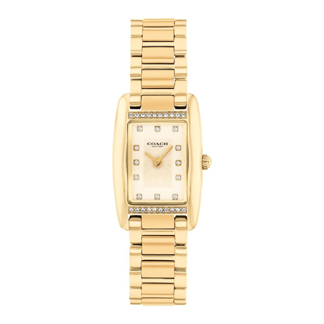 A gold-tone Coach women's watch with a rectangular bezel, diamond hour markers, and a matching gold-tone link bracelet, shown against a plain white background.
