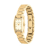 A gold-tone women's analog watch with a rectangular dial, crystal-embellished bezel, and matching metal link bracelet, shown on a plain white background.