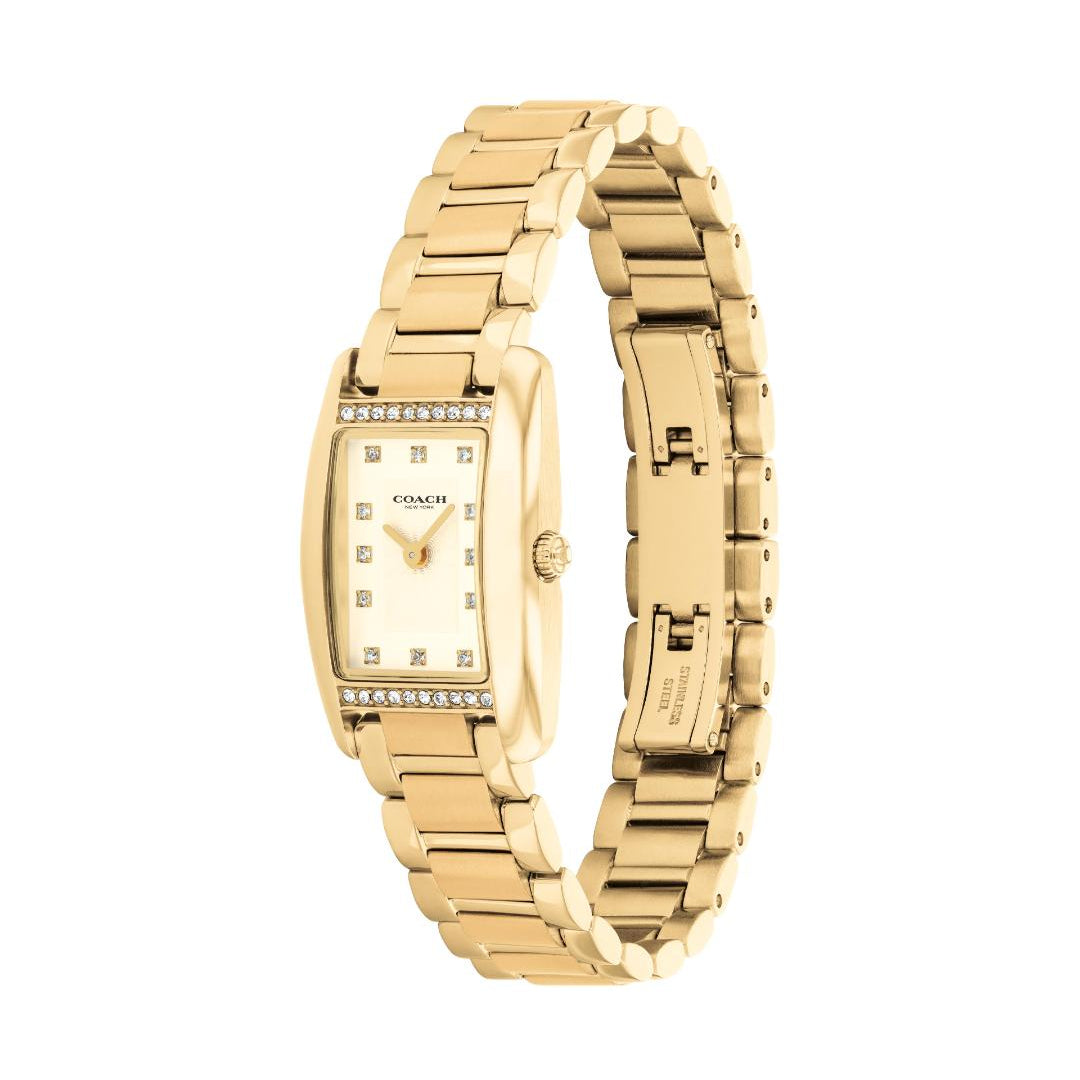 A gold-tone women's analog watch with a rectangular dial, crystal-embellished bezel, and matching metal link bracelet, shown on a plain white background.