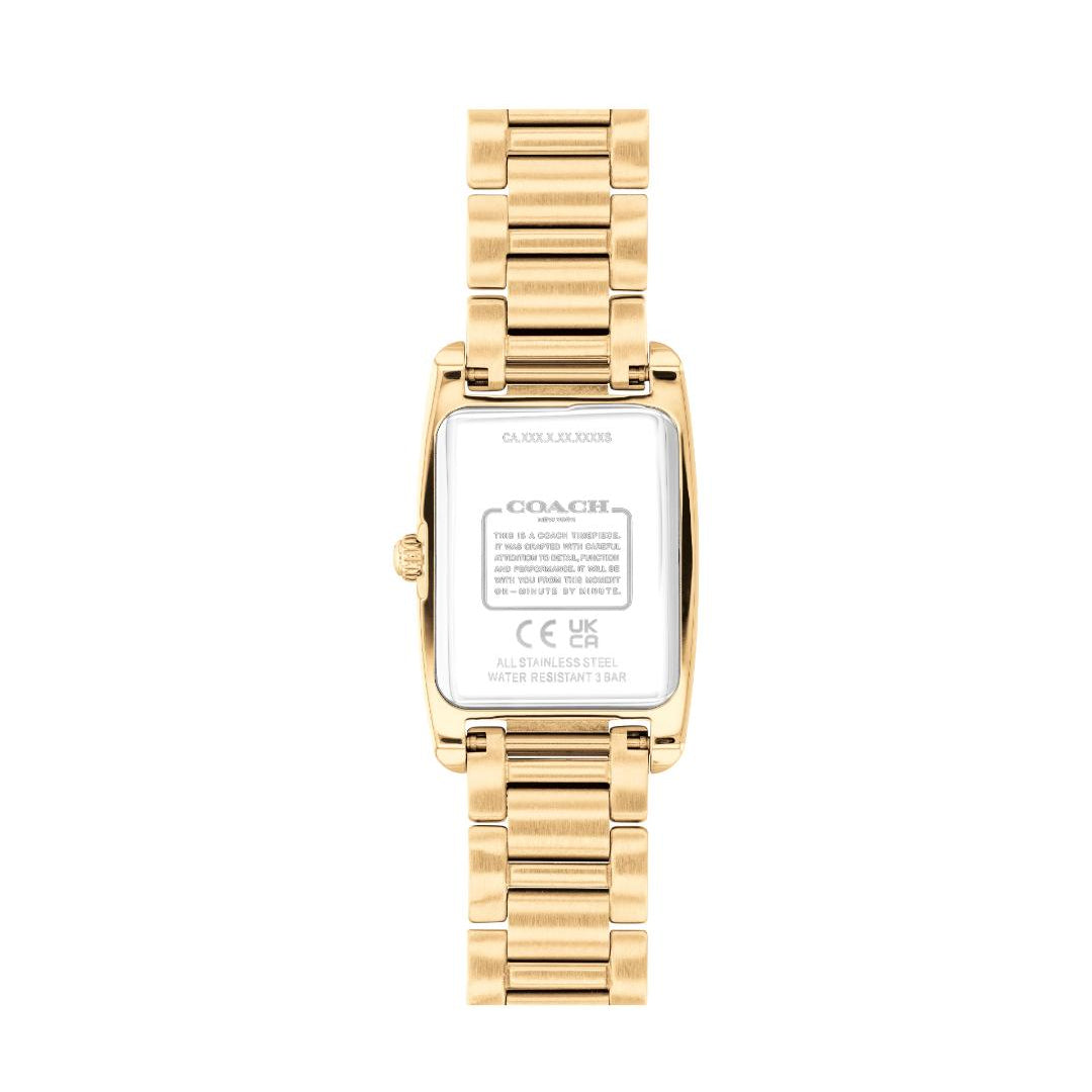 Gold-tone Coach wristwatch shown from the back, featuring a rectangular case and matching metal link bracelet on a plain white background.