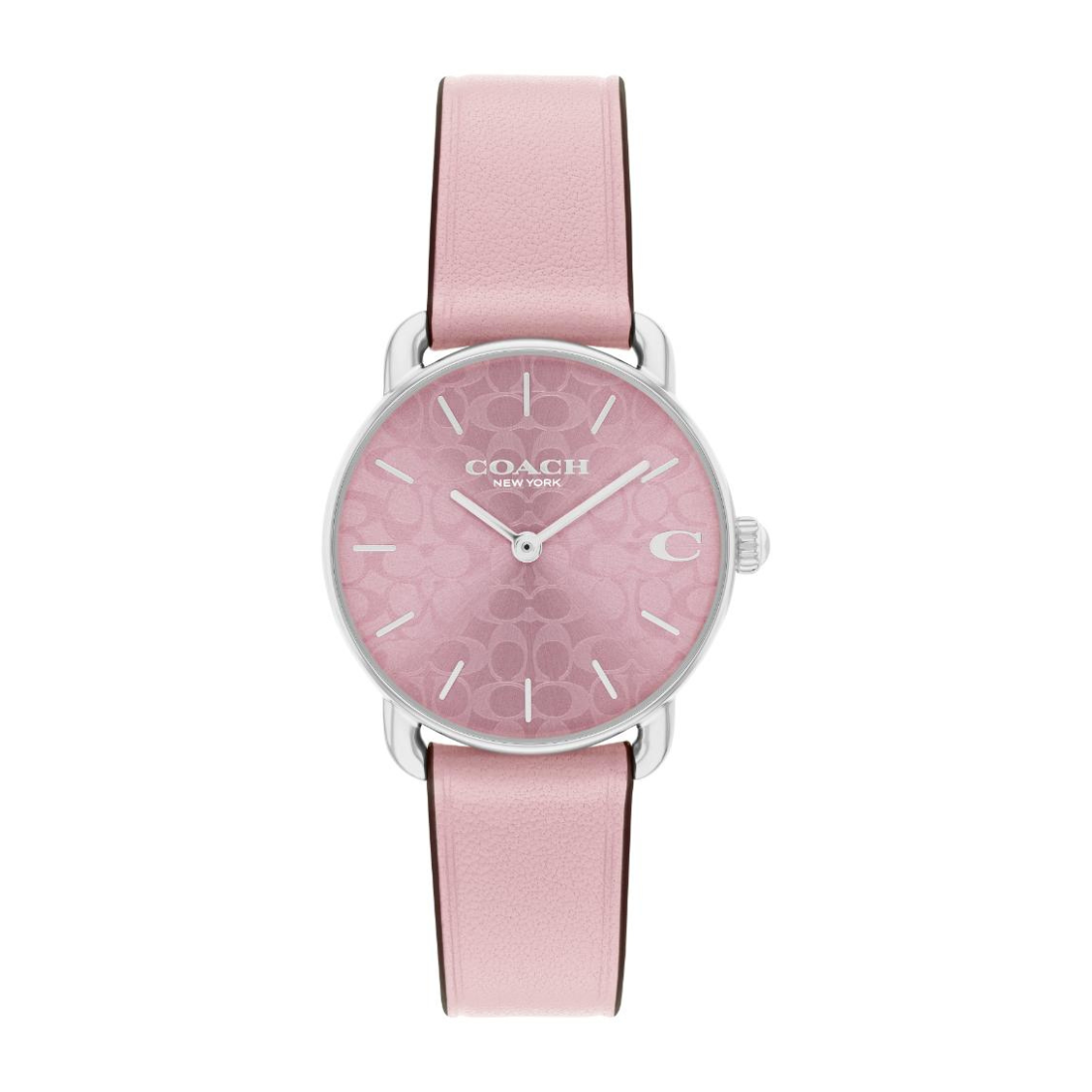 A Coach women's watch featuring a light pink leather strap, a pink dial with an embossed signature 'C' pattern, and a silver-tone case.