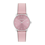 A Coach women's watch featuring a light pink leather strap, a pink dial with an embossed signature 'C' pattern, and a silver-tone case.