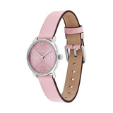 A women's analog watch by Fossil featuring a light pink leather strap, a matching pink patterned dial, and a silver-tone case.