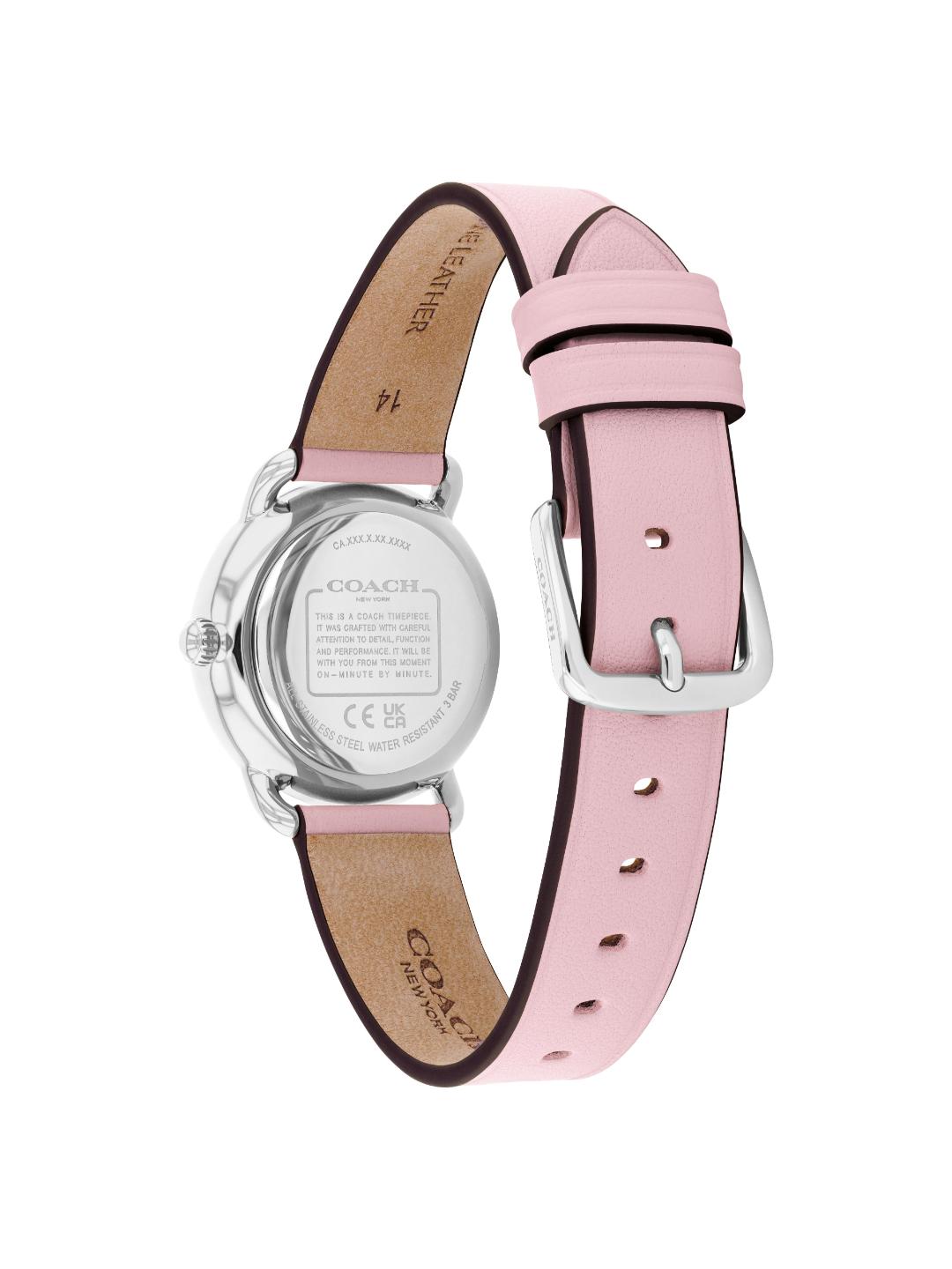 A Coach women's watch shown from the back, featuring a light pink leather strap with a silver buckle and a silver stainless steel case on a white background.