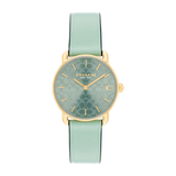 A Coach women's watch featuring a light mint green leather strap, a matching patterned dial, and a gold-tone case.