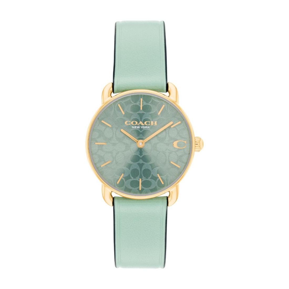 A Coach women's watch featuring a light mint green leather strap, a matching patterned dial, and a gold-tone case.