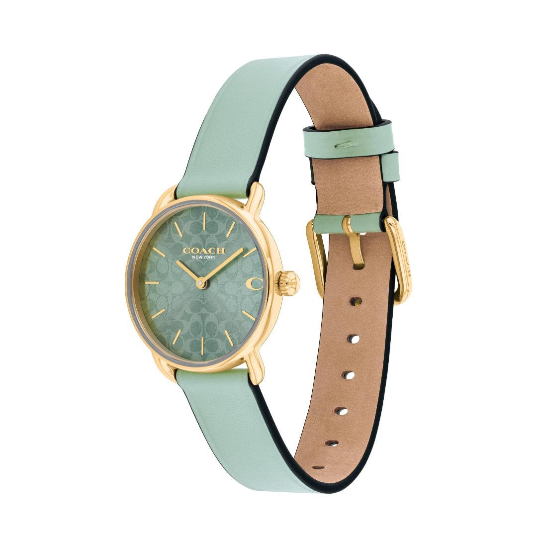 A Coach women's watch featuring a light mint green leather strap, a textured green dial, and a gold-tone case and buckle, shown on a plain white background.