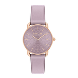 A Coach women's wristwatch featuring a dusty purple dial with a subtle signature 'C' pattern, a rose gold case, and a matching dusty purple leather strap, shown against a plain white background.