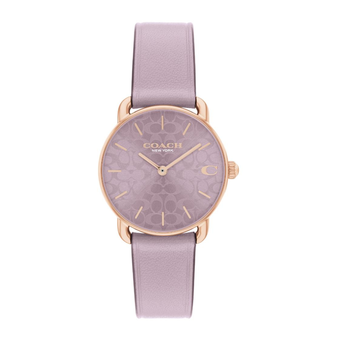 A Coach women's wristwatch featuring a dusty purple dial with a subtle signature 'C' pattern, a rose gold case, and a matching dusty purple leather strap, shown against a plain white background.