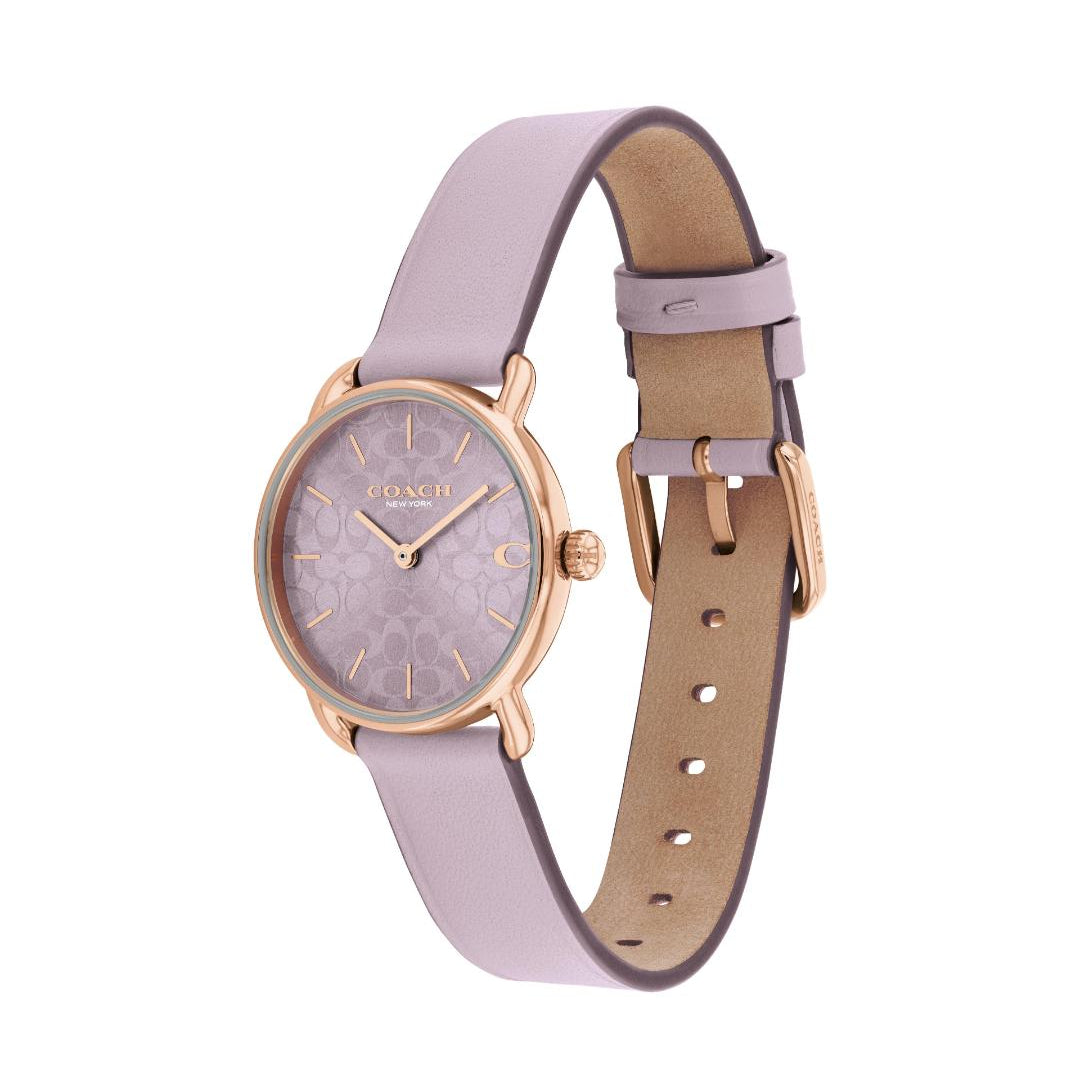 A women's Coach wristwatch featuring a light purple leather strap, a matching patterned dial, and a rose gold case, shown against a plain white background.