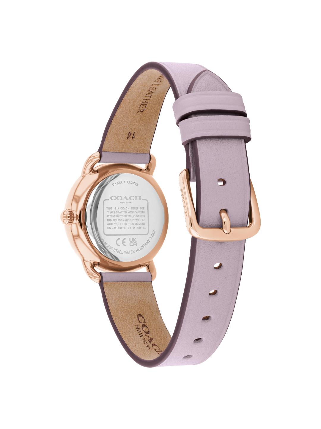 A Coach women's watch shown from the back, featuring a light lavender leather strap with a rose gold buckle and case, and a silver-toned back casing.