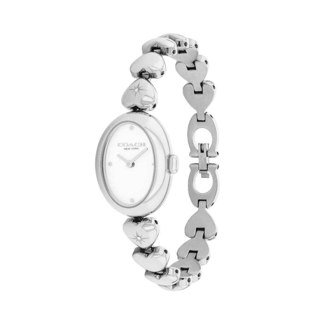 A Coach women's watch featuring a polished silver-tone metal bracelet with heart-shaped links and an oval white dial.