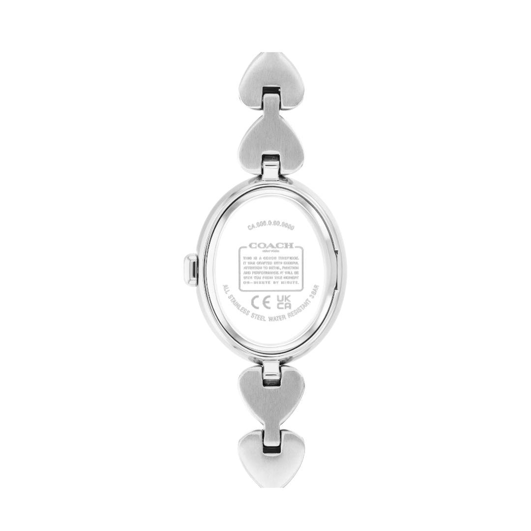 The back view of a COACH women's watch with a silver oval case and a heart-link bracelet, shown on a plain white background.