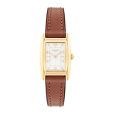 A women's rectangular analog watch with a gold-tone case, white dial, and brown leather strap, shown against a plain white background.