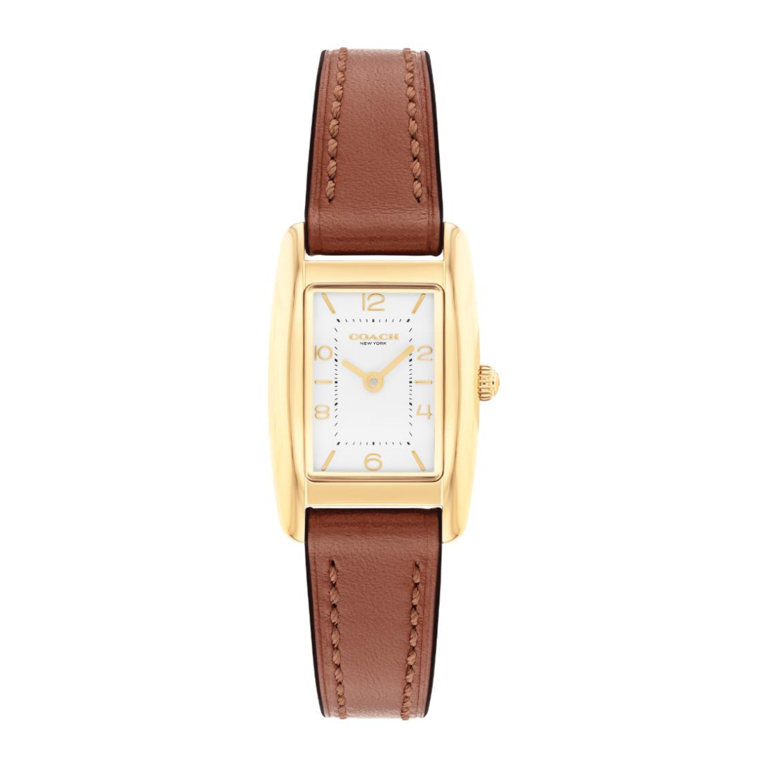 A women's rectangular analog watch with a gold-tone case, white dial, and brown leather strap, shown against a plain white background.
