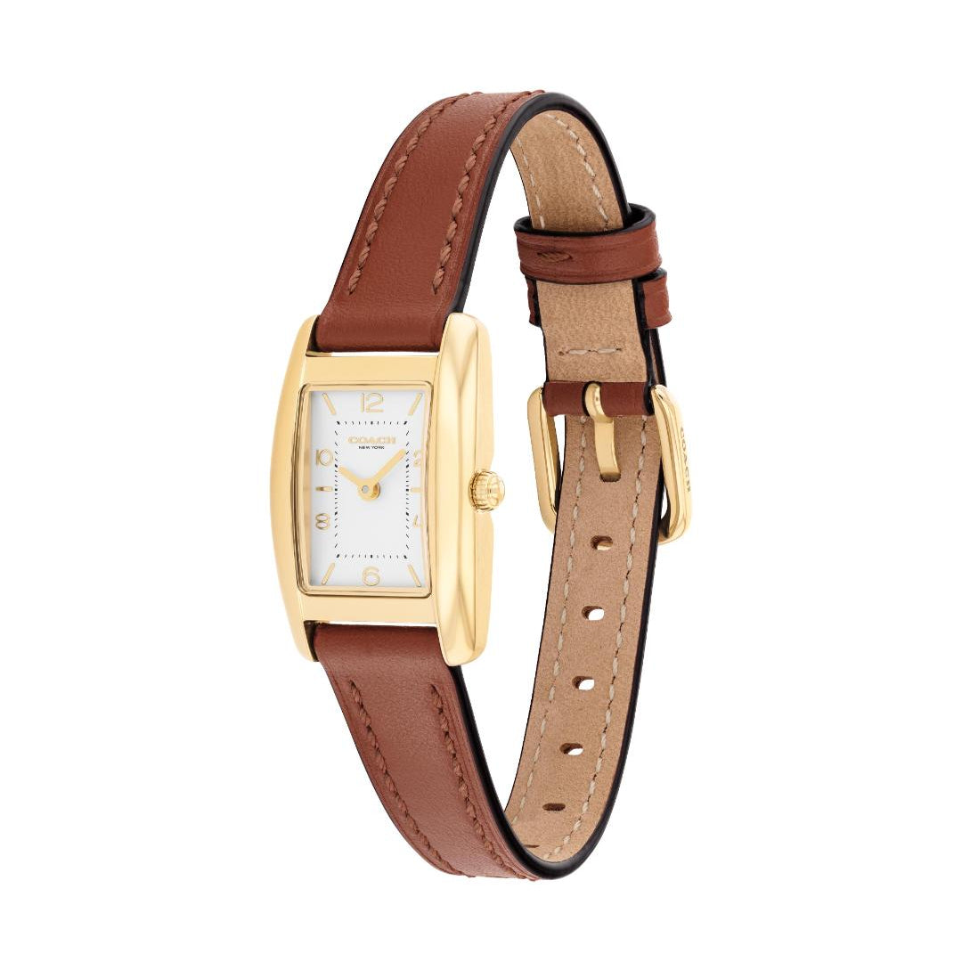 A women's rectangular analog watch with a gold-tone case, white dial, and a brown leather strap with a tan underside, shown on a plain white background.
