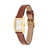 A women's rectangular analog watch with a gold-tone case, white dial, and a brown leather strap with a tan underside, shown on a plain white background.