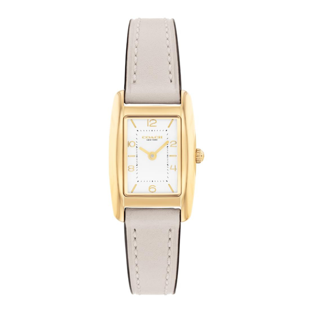 A women's rectangular analog watch with a gold-tone case, white dial with gold Arabic numerals, and a light beige leather strap, shown against a plain white background.