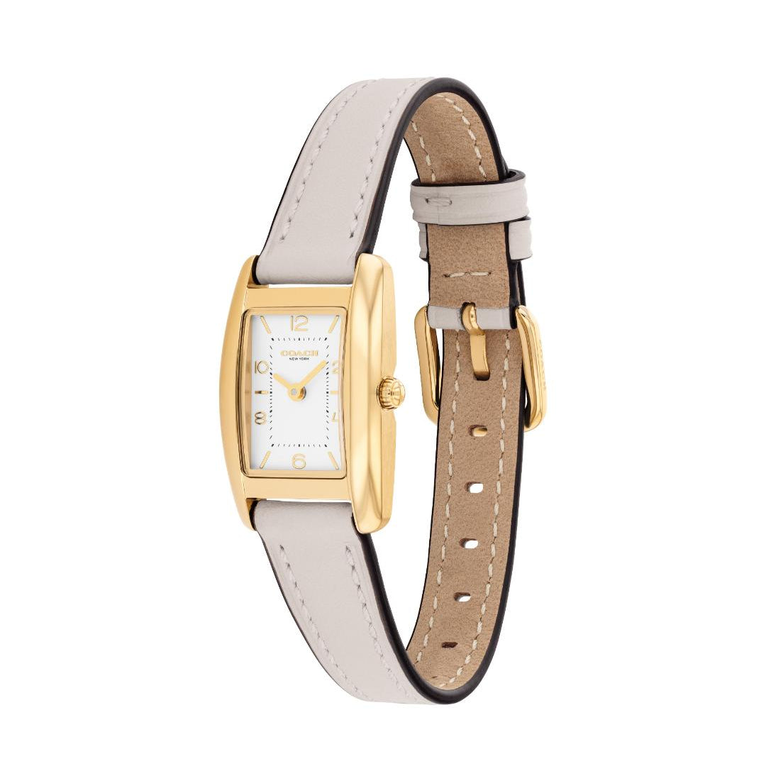 A women's rectangular analog watch with a gold-tone case, white dial, and a light beige leather strap with a black inner lining, shown on a plain white background.