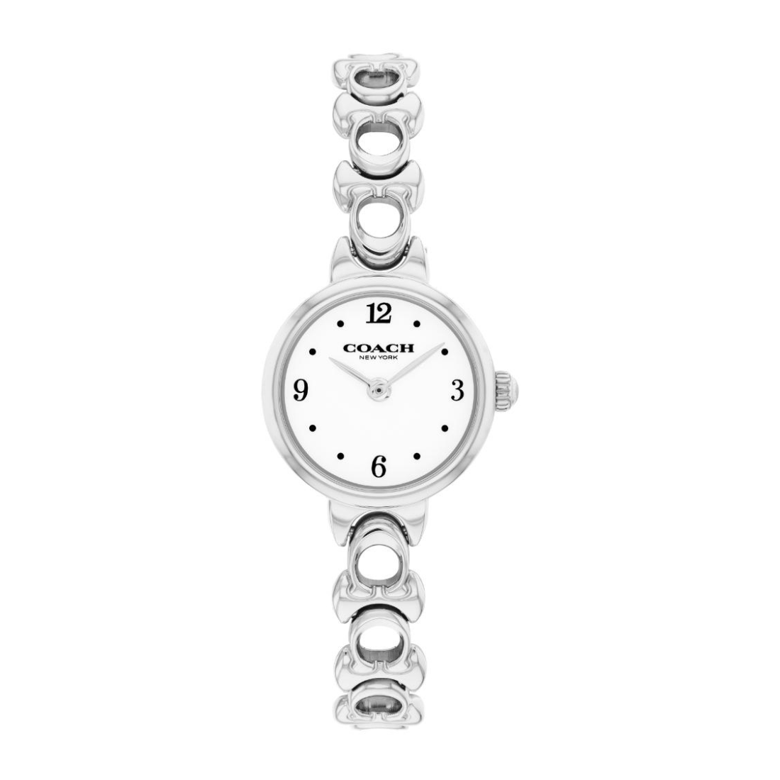 A Coach London women's watch featuring a silver-tone metal link bracelet and a white dial with black Arabic numerals.