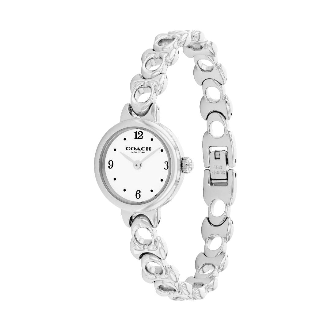 A Coach women's watch with a silver-tone chain bracelet and a white dial, shown against a plain white background.