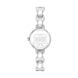 The back of a Coach wristwatch with a silver-tone metal case and link bracelet, shown on a plain white background.