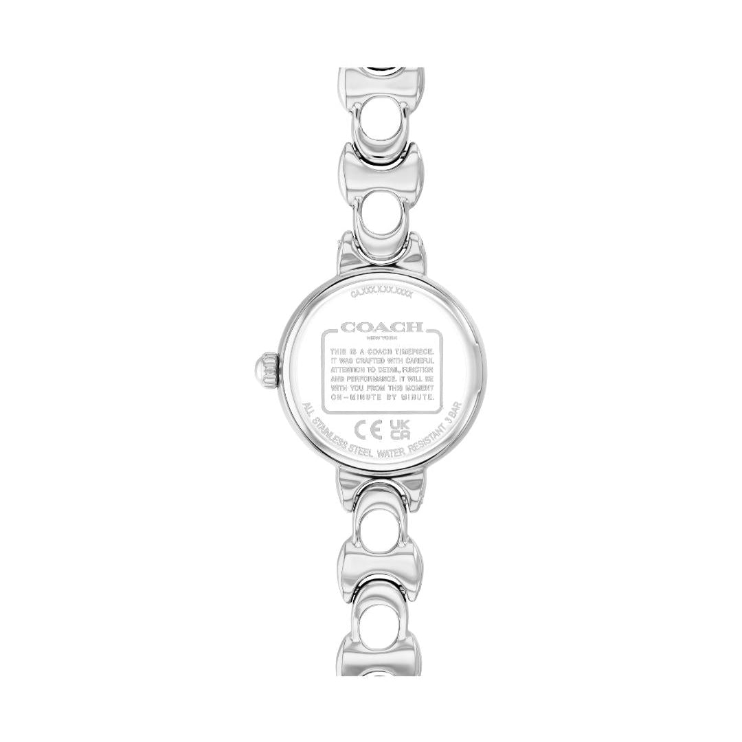 The back of a Coach wristwatch with a silver-tone metal case and link bracelet, shown on a plain white background.