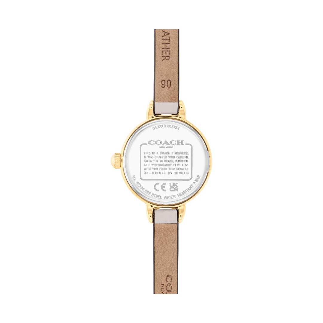 The back view of a Coach wristwatch with a gold-toned case, a white dial insert, and a light brown leather strap on a plain white background.
