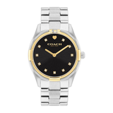 A Coach London women's watch featuring a black dial with gold-tone hands, a gold heart logo at 12 o'clock, and diamond hour markers. The watch has a two-tone stainless steel and gold-tone case with a matching stainless steel link bracelet, shown against a plain white background.