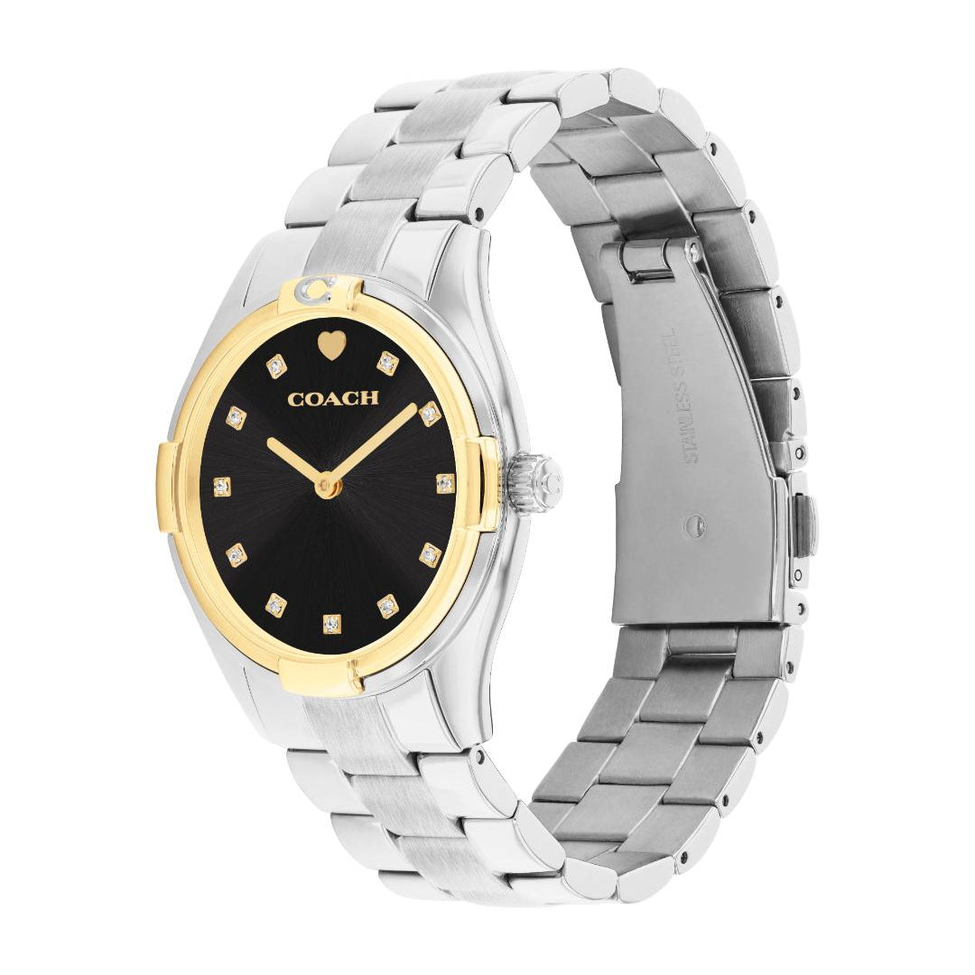 A Coach women's watch featuring a two-tone silver stainless steel and gold-tone case, a black dial with gold-tone hands and hour markers, and a matching silver-tone metal link bracelet, shown on a plain white background.