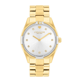 A gold-tone women's watch with a white dial, featuring diamond hour markers and a matching gold-tone link bracelet, shown against a plain white background.