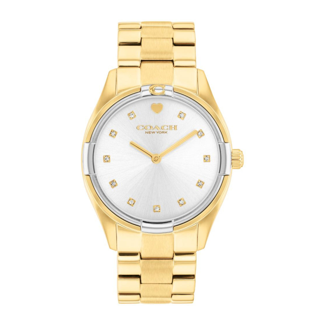 A gold-tone women's watch with a white dial, featuring diamond hour markers and a matching gold-tone link bracelet, shown against a plain white background.