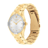 A Coach women's watch featuring a gold-tone metal bracelet, a silver-tone case, and a white dial with gold-tone hands and crystal hour markers.