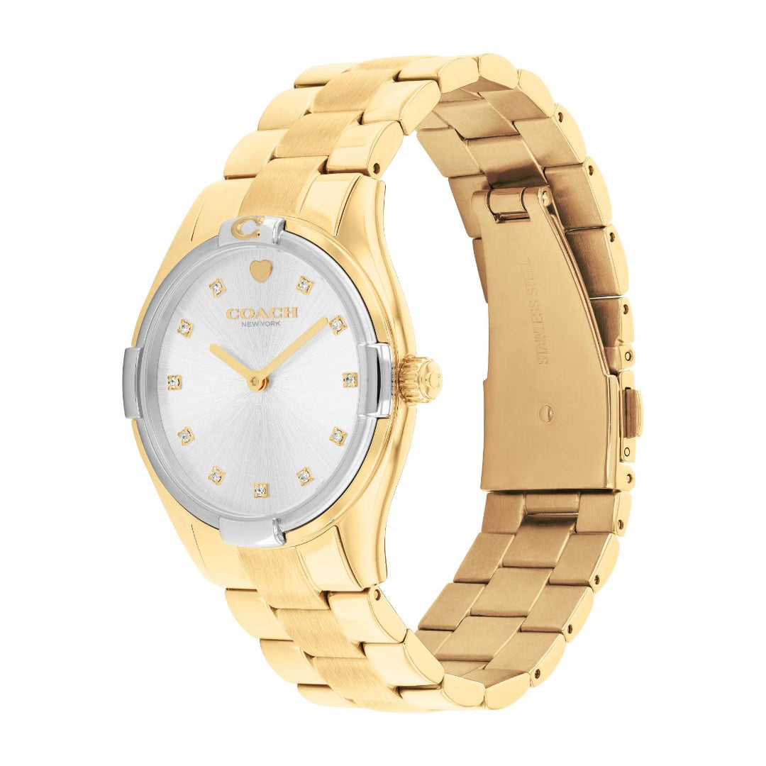 A Coach women's watch featuring a gold-tone metal bracelet, a silver-tone case, and a white dial with gold-tone hands and crystal hour markers.