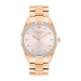 A women's Gucci watch featuring a rose gold-tone stainless steel case and link bracelet, with a pale pink mother-of-pearl dial and diamond hour markers.