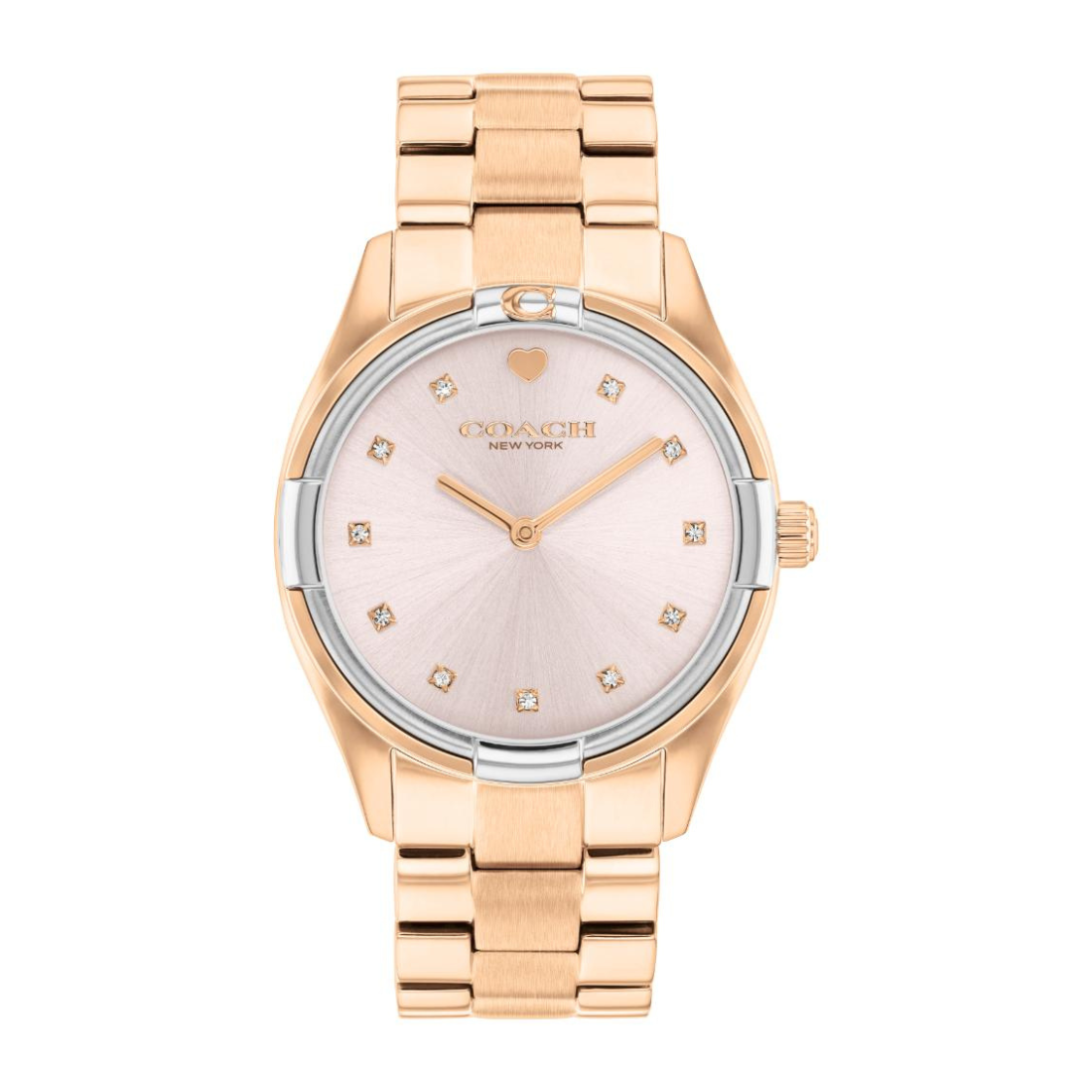 A women's Gucci watch featuring a rose gold-tone stainless steel case and link bracelet, with a pale pink mother-of-pearl dial and diamond hour markers.