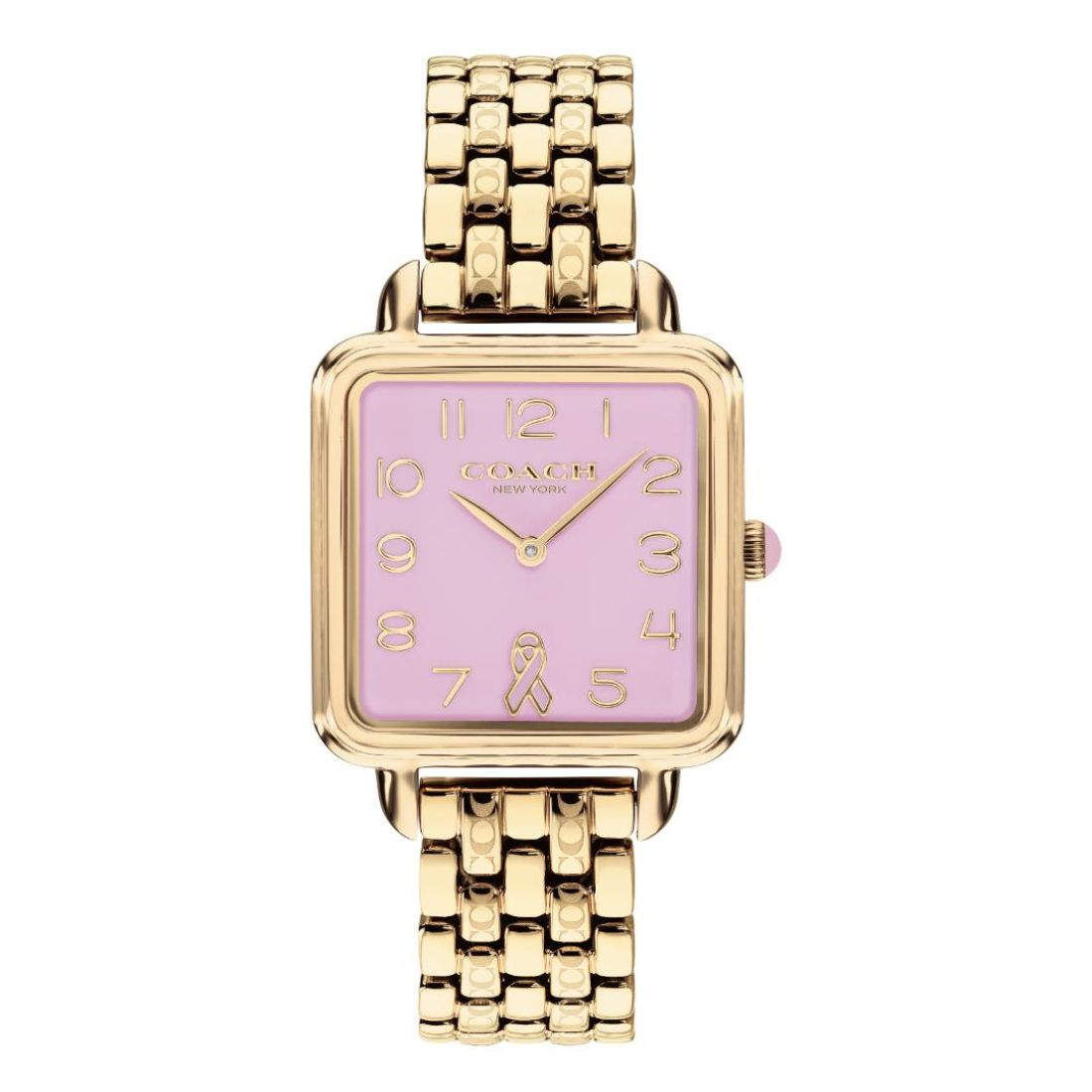 A Coach women's watch with a gold-tone metal link bracelet and case, featuring a light pink dial with gold-tone Arabic numerals and a ribbon symbol at the 6 o'clock position.