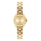 A gold-tone women's analog watch with a matching link bracelet, featuring a round bezel, gold dial, and small crystal hour markers on a plain white background.