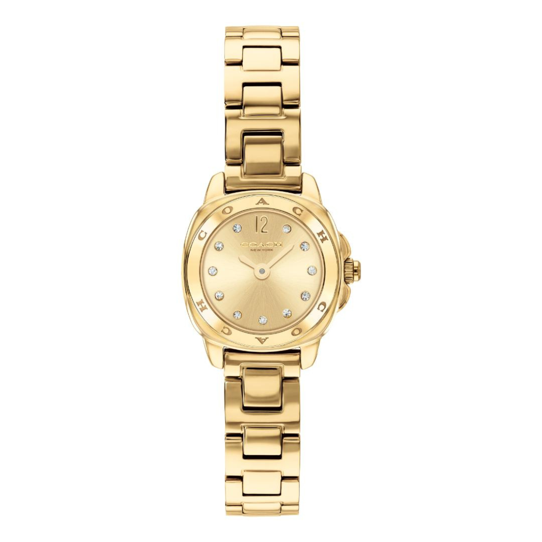 A gold-tone women's analog watch with a matching link bracelet, featuring a round bezel, gold dial, and small crystal hour markers on a plain white background.