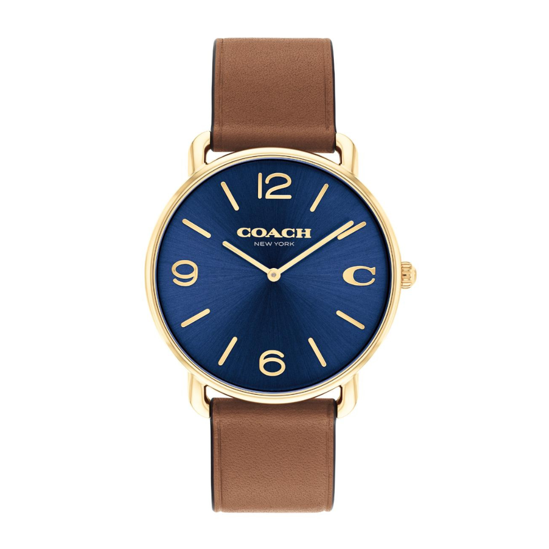 A Coach New York wristwatch with a blue sunburst dial, gold-tone case, and a brown leather strap, shown against a plain white background.