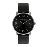 A Coach New York analog watch with a black dial, silver-tone case, and black leather strap, shown against a plain white background.