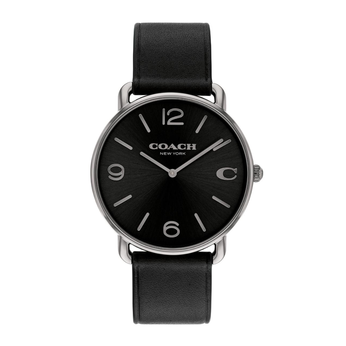 A Coach New York analog watch with a black dial, silver-tone case, and black leather strap, shown against a plain white background.