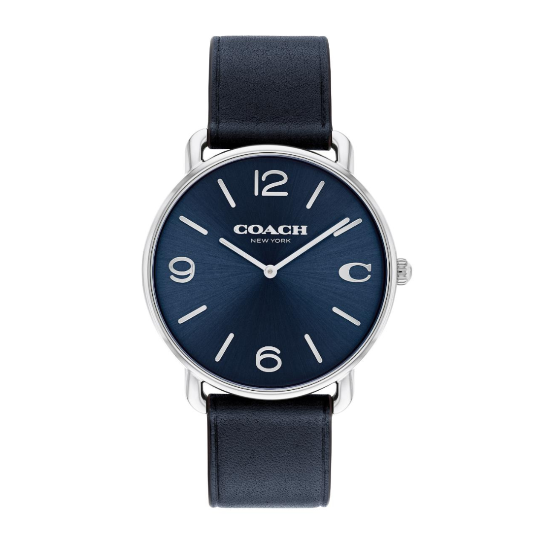A Coach New York wristwatch with a dark blue sunburst dial, silver-tone case, and a dark blue leather strap, shown against a plain white background.