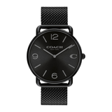 A Coach New York analog watch with a black dial, black mesh strap, and black case, featuring silver-tone hands and numerals on a plain white background.