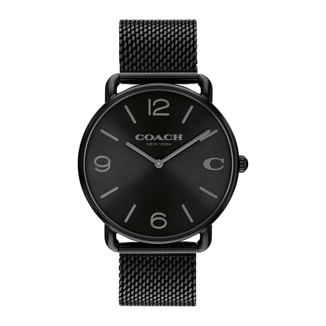 A Coach New York analog watch with a black dial, black mesh strap, and black case, featuring silver-tone hands and numerals on a plain white background.