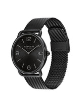 A Coach analog watch with a black round dial, black bezel, and a black mesh metal strap, shown on a plain white background.