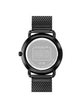 The back of a Coach analog watch with a black stainless steel case and a black mesh strap, showing the engraved technical specifications on the back glass.