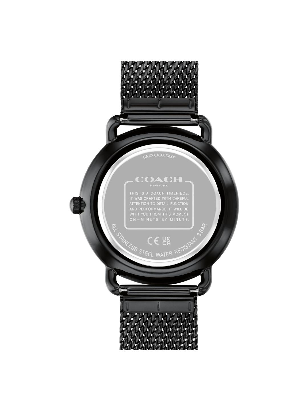 The back of a Coach analog watch with a black stainless steel case and a black mesh strap, showing the engraved technical specifications on the back glass.